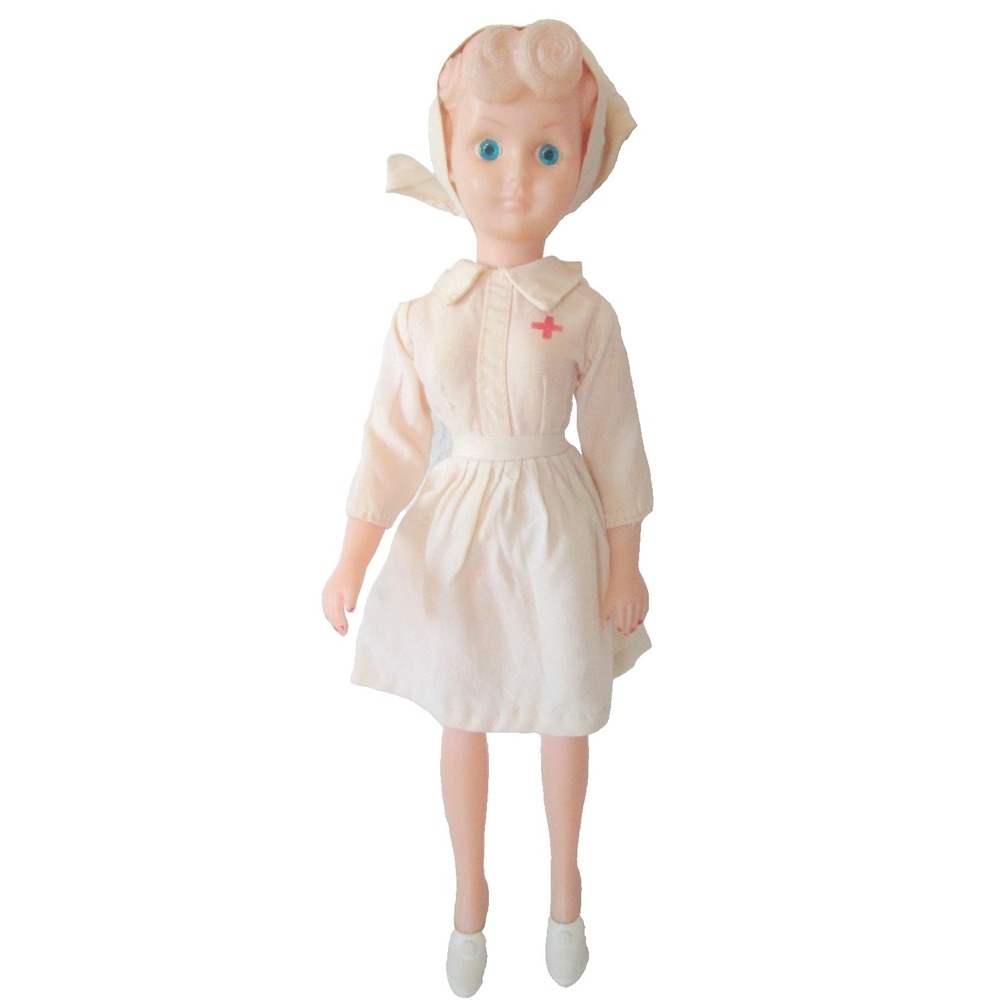 Vintage Red Cross Nurse Doll Plastic Hong Kong Complete All Original Blue Eyes